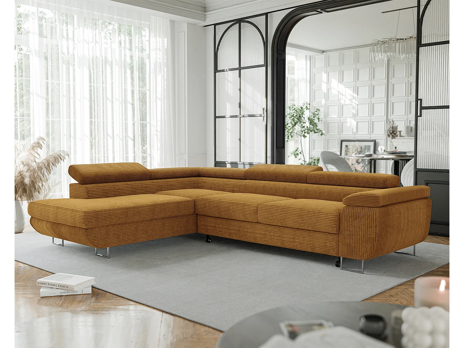 Canapé d'angle gauche convertible en tissu jaune moutarde