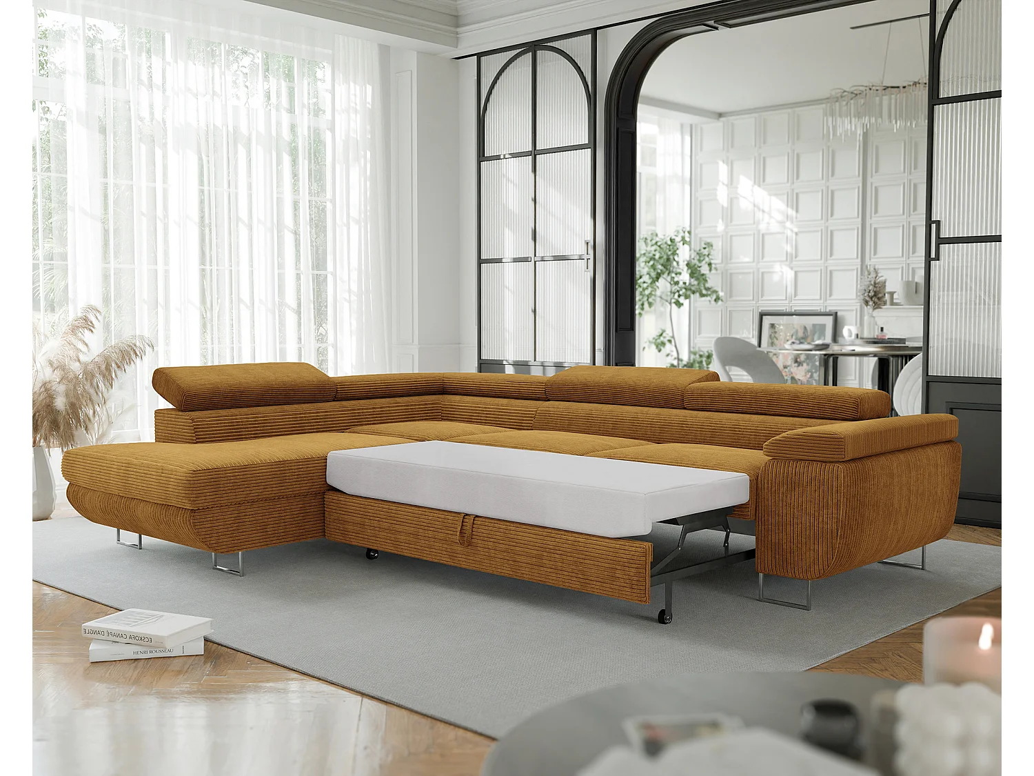 Canapé d'angle gauche convertible en tissu jaune moutarde