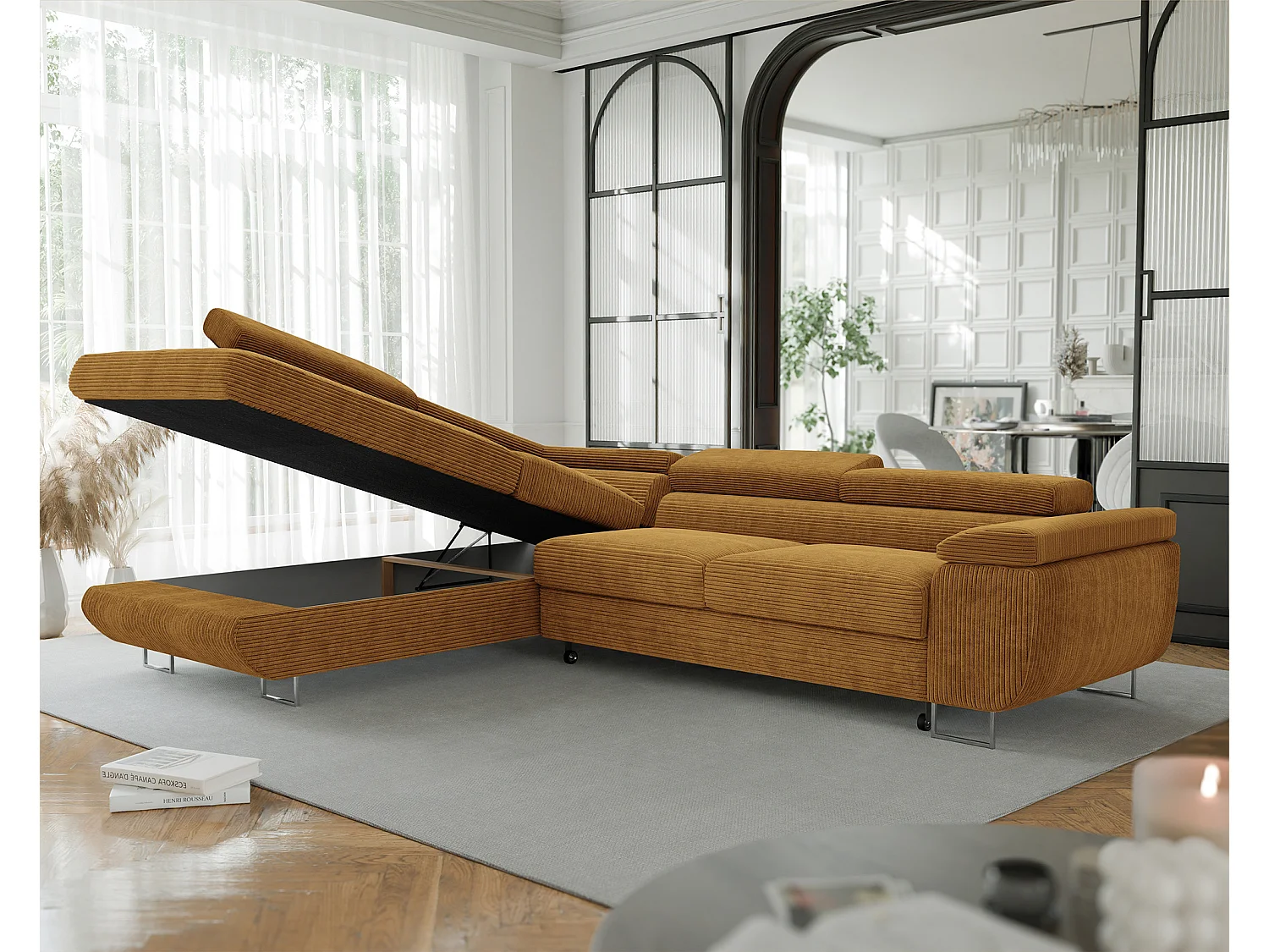 Canapé d'angle gauche convertible en tissu jaune moutarde