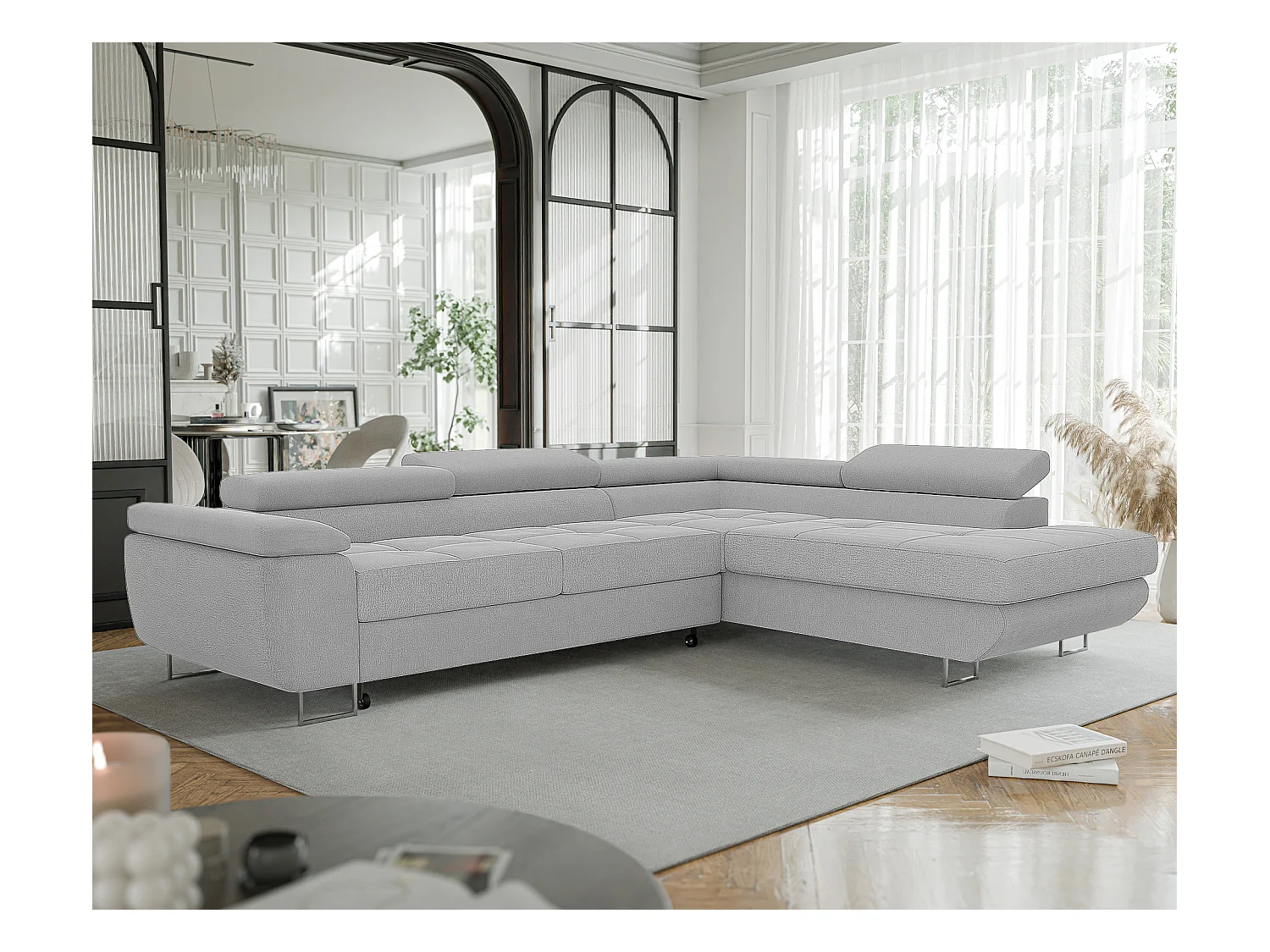 Canapé d'angle droit convertible en tissu gris clair