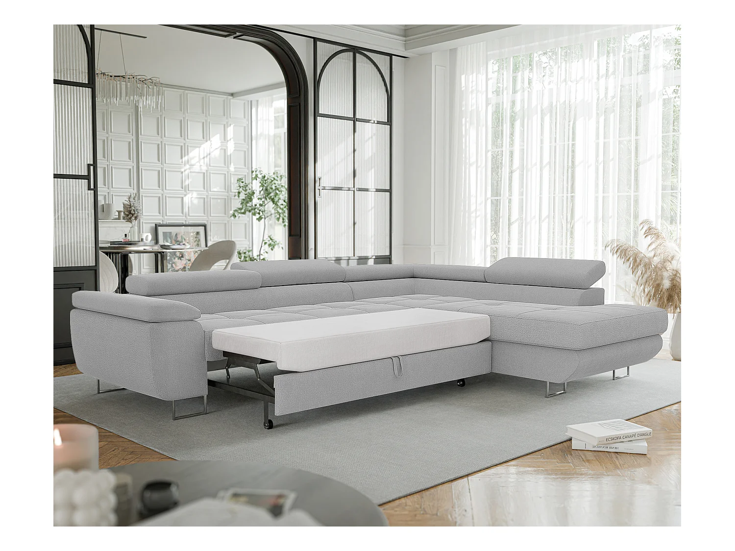 Canapé d'angle droit convertible en tissu gris clair