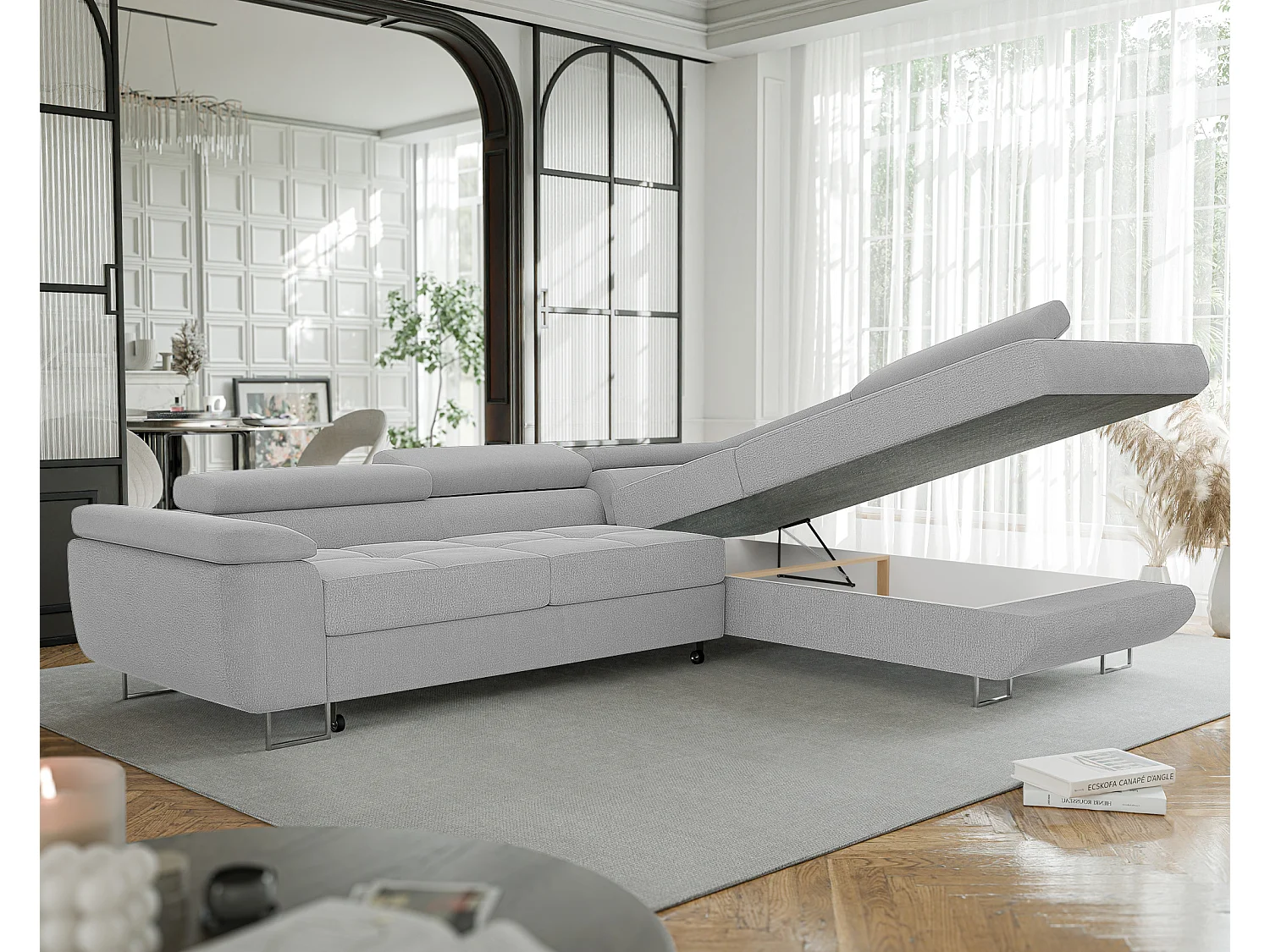 Canapé d'angle droit convertible en tissu gris clair