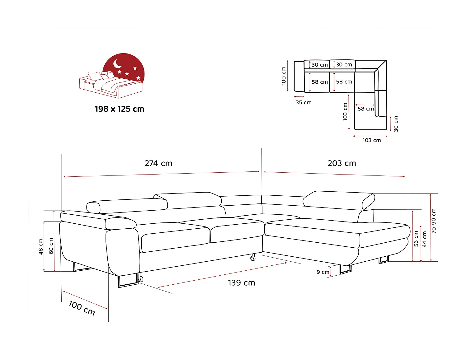 Canapé d'angle droit convertible en tissu gris clair