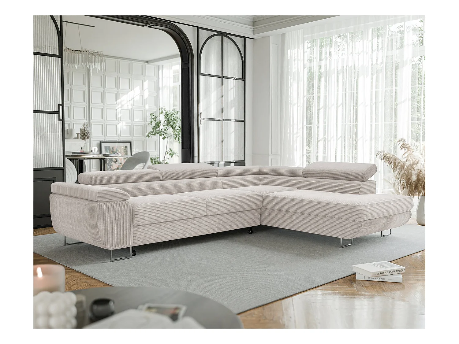 Canapé d'angle droit convertible en tissu beige