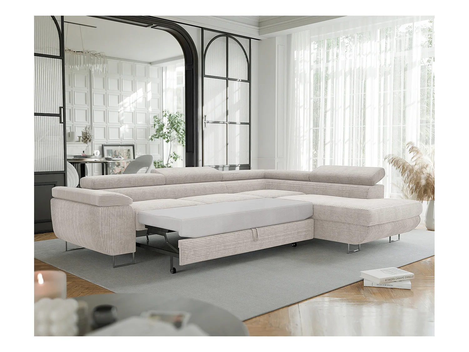 Canapé d'angle droit convertible en tissu beige