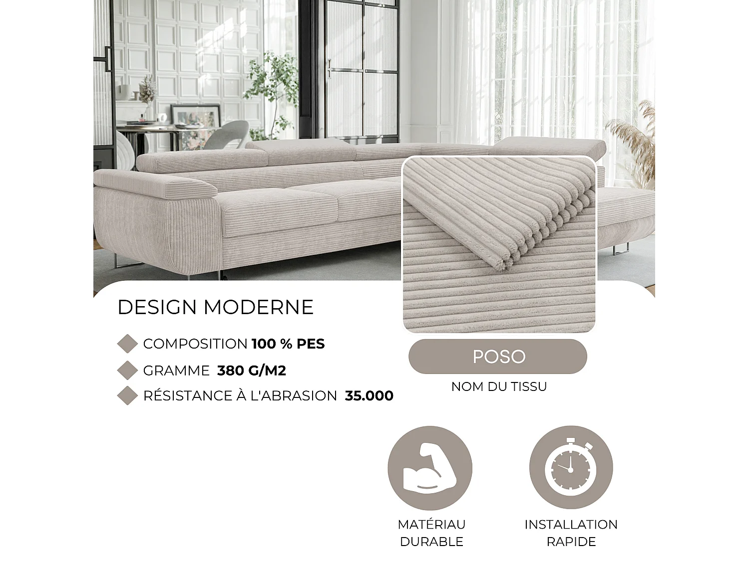 Canapé d'angle droit convertible en tissu beige