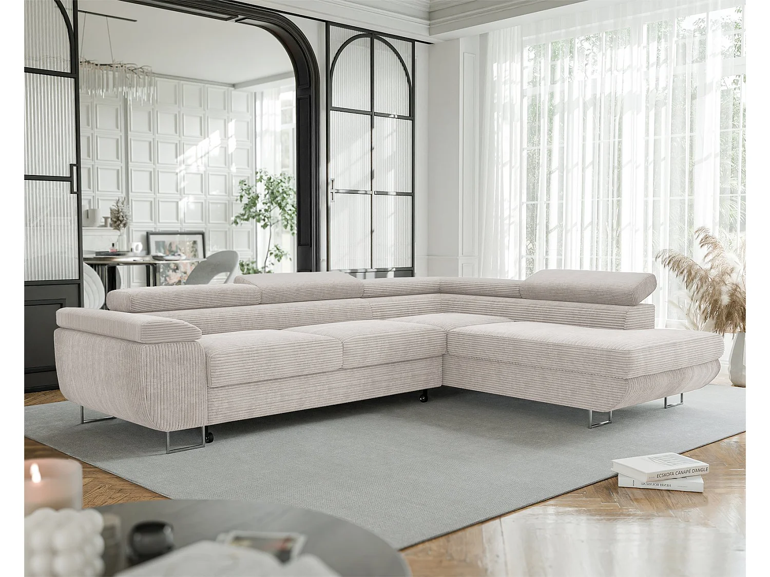 Canapé d'angle droit convertible en tissu beige