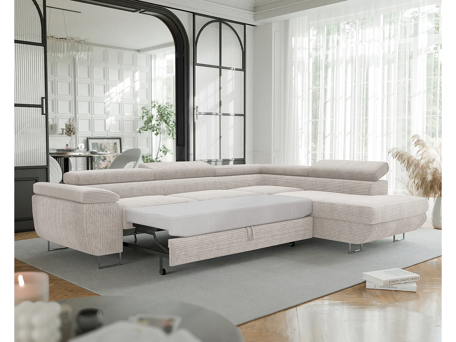 Canapé d'angle droit convertible en tissu beige