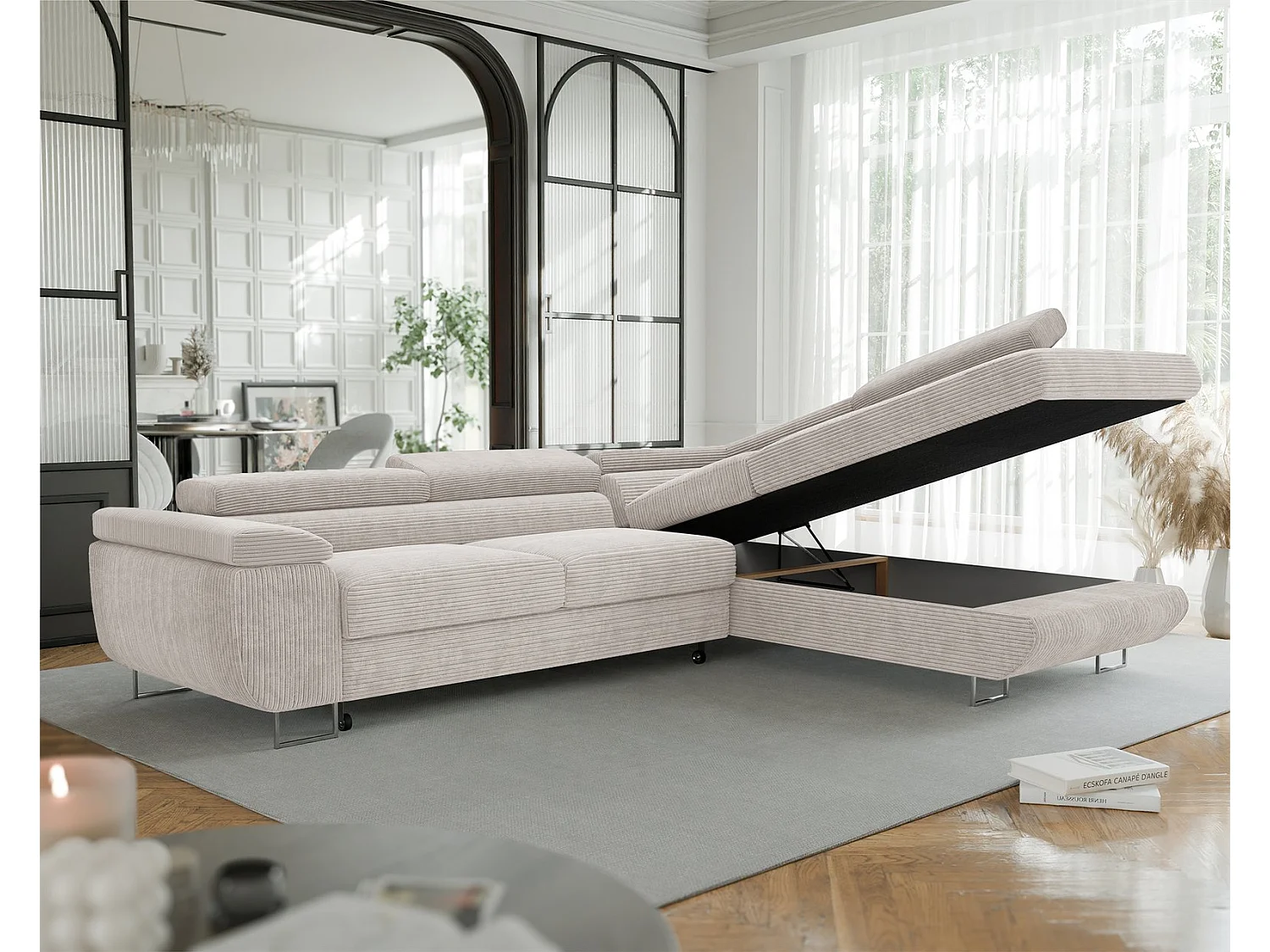 Canapé d'angle droit convertible en tissu beige