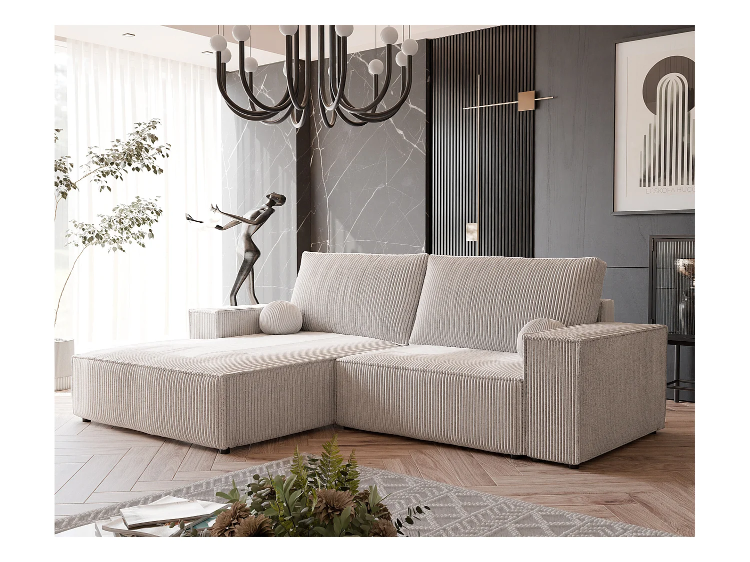 Canapé d'angle gauche convertible en velours côtelé, beige