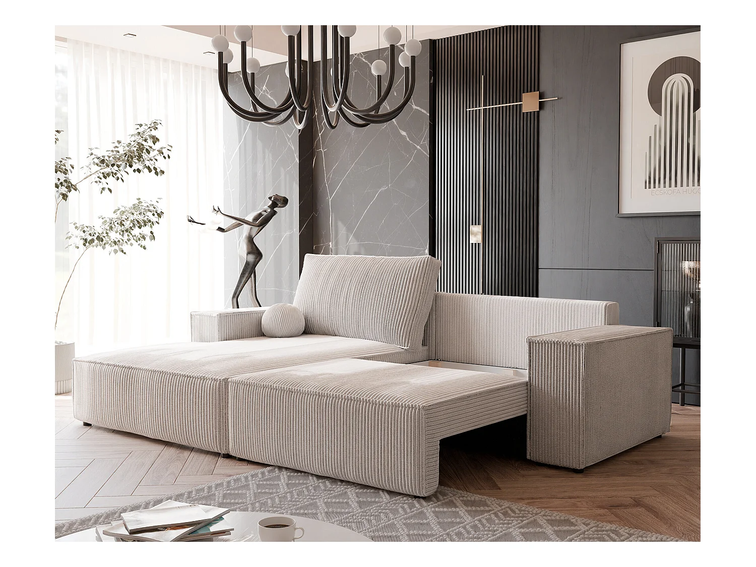 Canapé d'angle gauche convertible en velours côtelé, beige