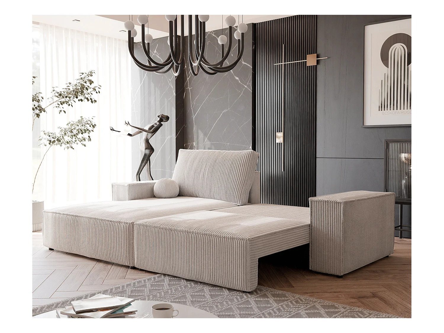 Canapé d'angle gauche convertible en velours côtelé, beige