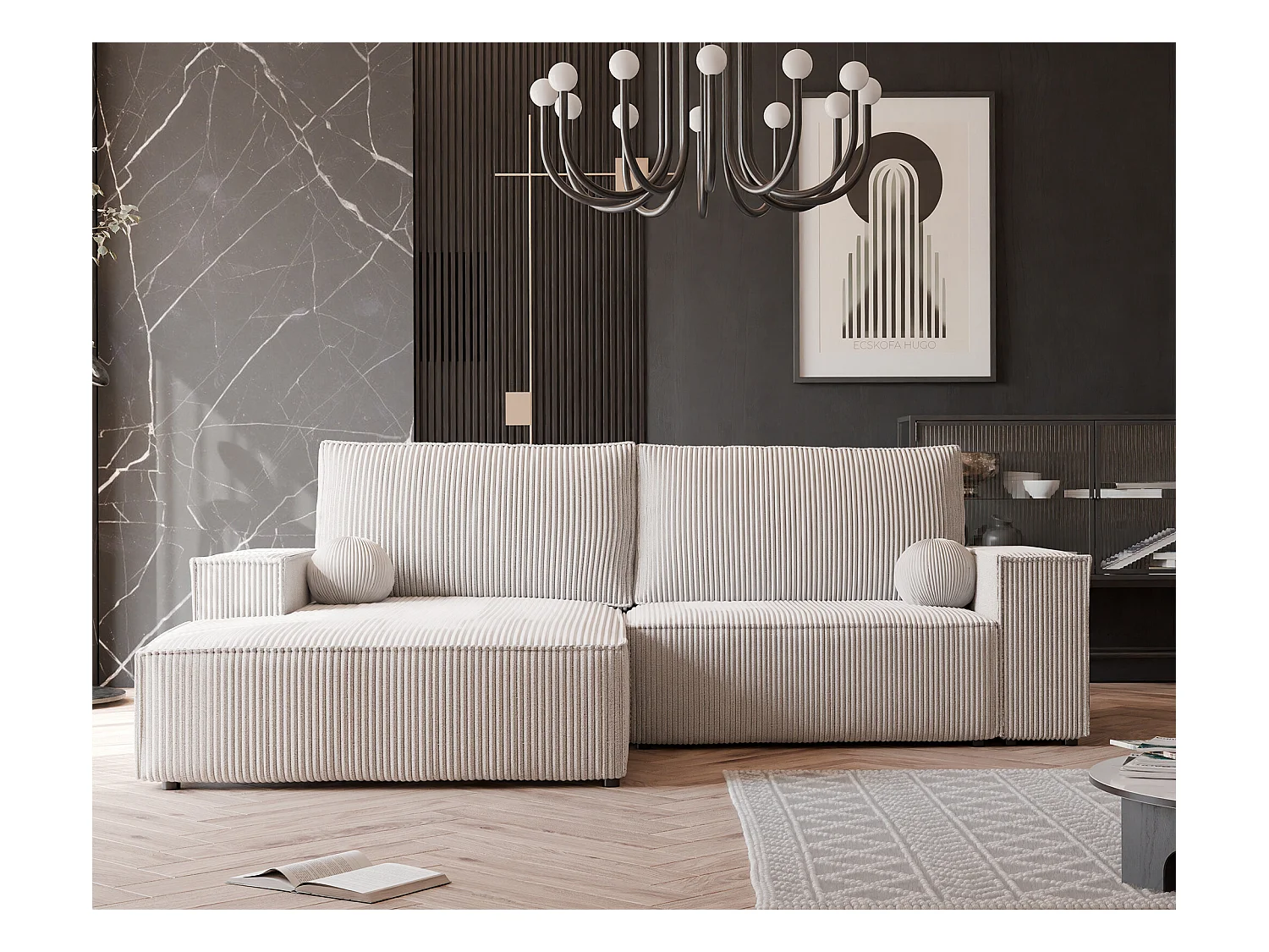 Canapé d'angle gauche convertible en velours côtelé, beige