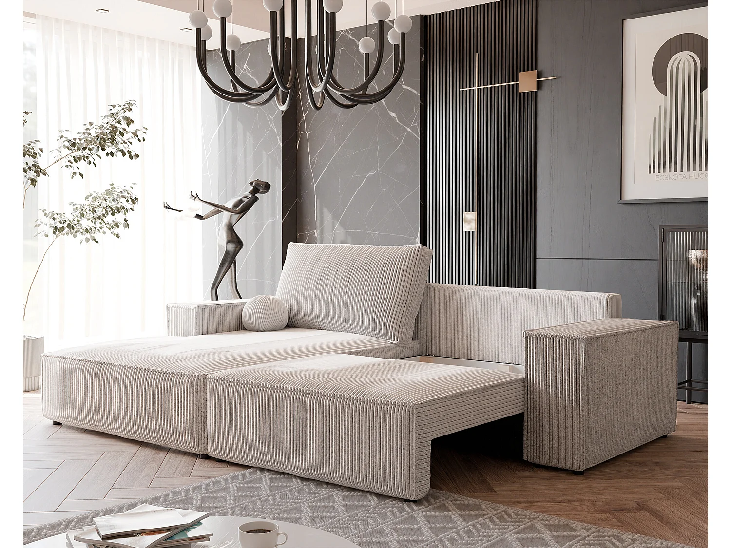 Canapé d'angle gauche convertible en velours côtelé, beige