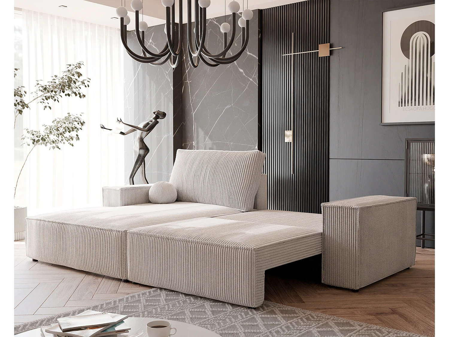 Canapé d'angle gauche convertible en velours côtelé, beige