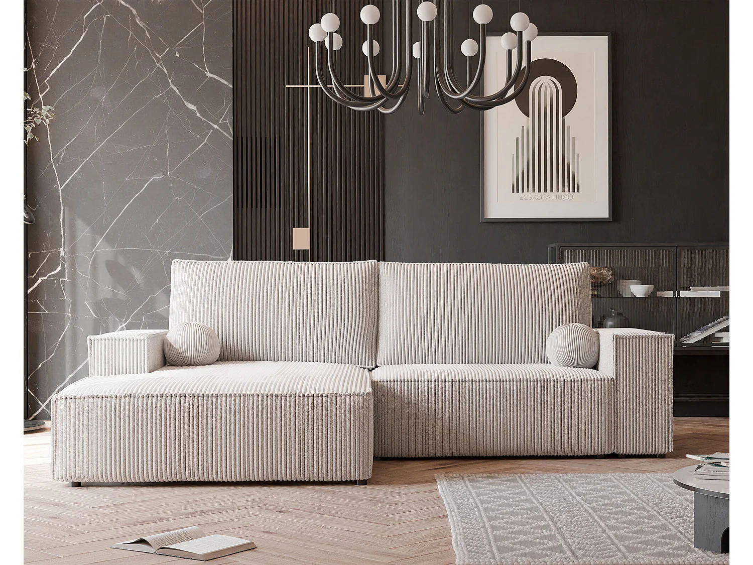 Canapé d'angle gauche convertible en velours côtelé, beige