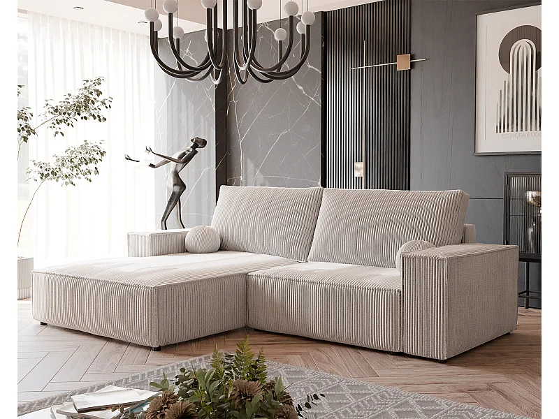 Canapé d'angle gauche convertible en velours côtelé, beige