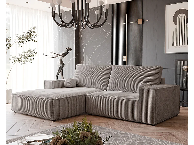 Canapé d'angle gauche convertible en velours côtelé, cappuccino