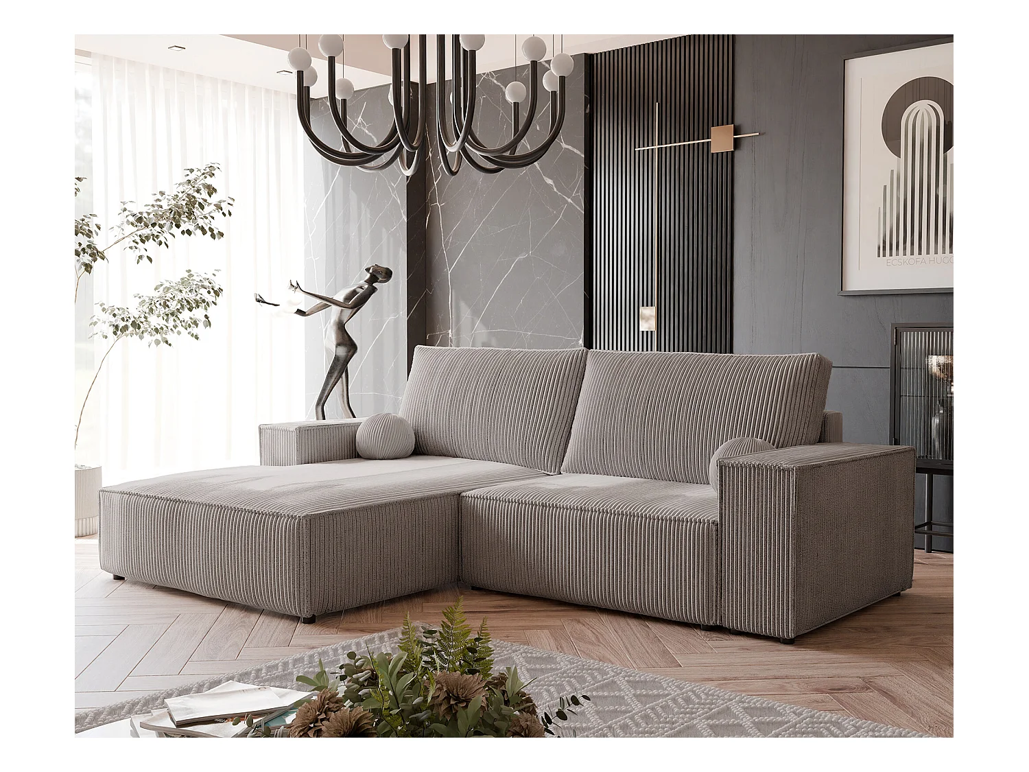 Canapé d'angle gauche convertible en velours côtelé, cappuccino