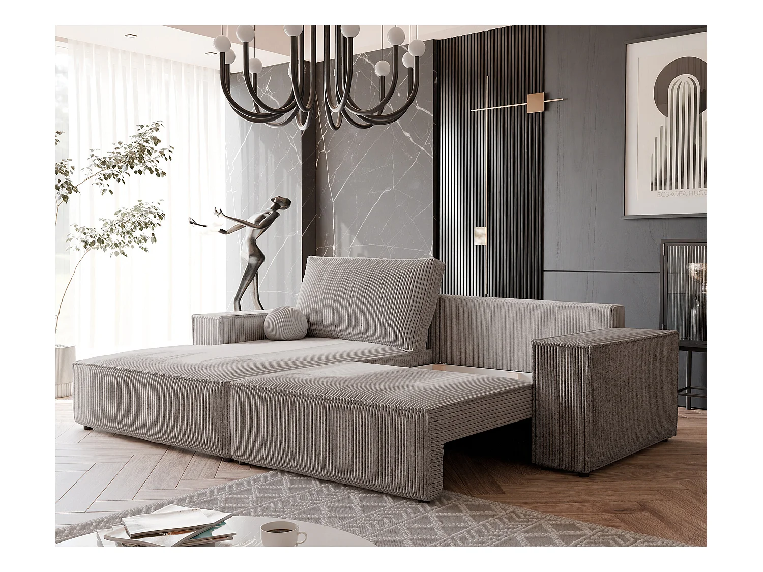 Canapé d'angle gauche convertible en velours côtelé, cappuccino