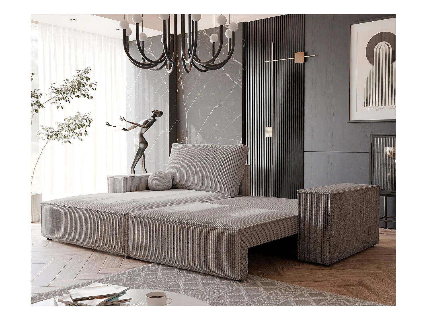 Canapé d'angle gauche convertible en velours côtelé, cappuccino