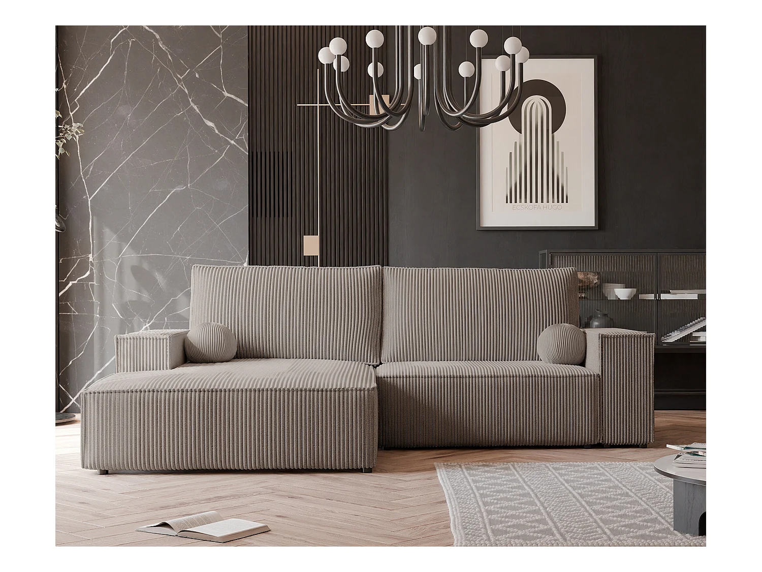 Canapé d'angle gauche convertible en velours côtelé, cappuccino