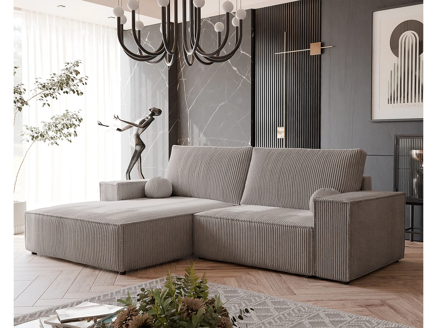 Canapé d'angle gauche convertible en velours côtelé, cappuccino