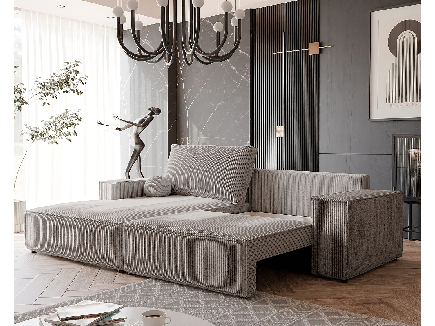 Canapé d'angle gauche convertible en velours côtelé, cappuccino