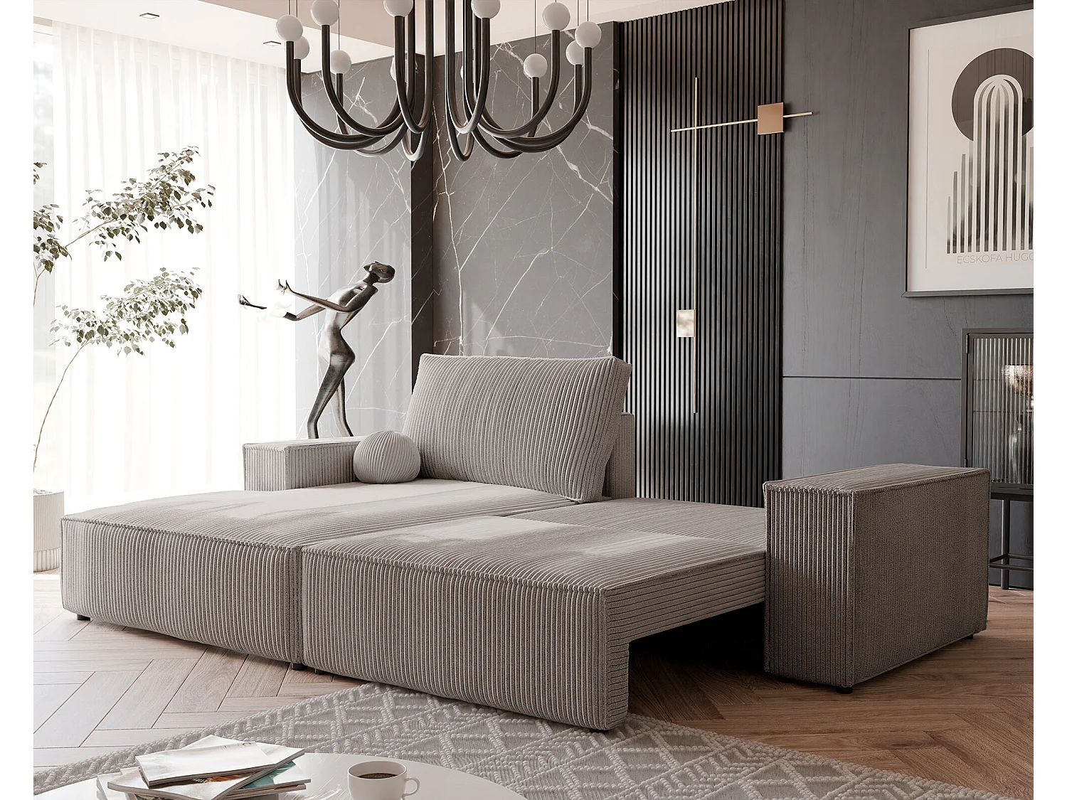 Canapé d'angle gauche convertible en velours côtelé, cappuccino