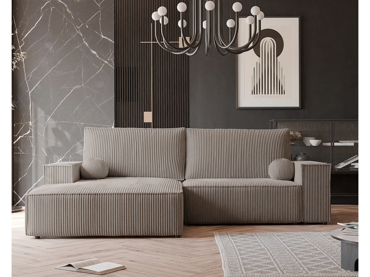 Canapé d'angle gauche convertible en velours côtelé, cappuccino