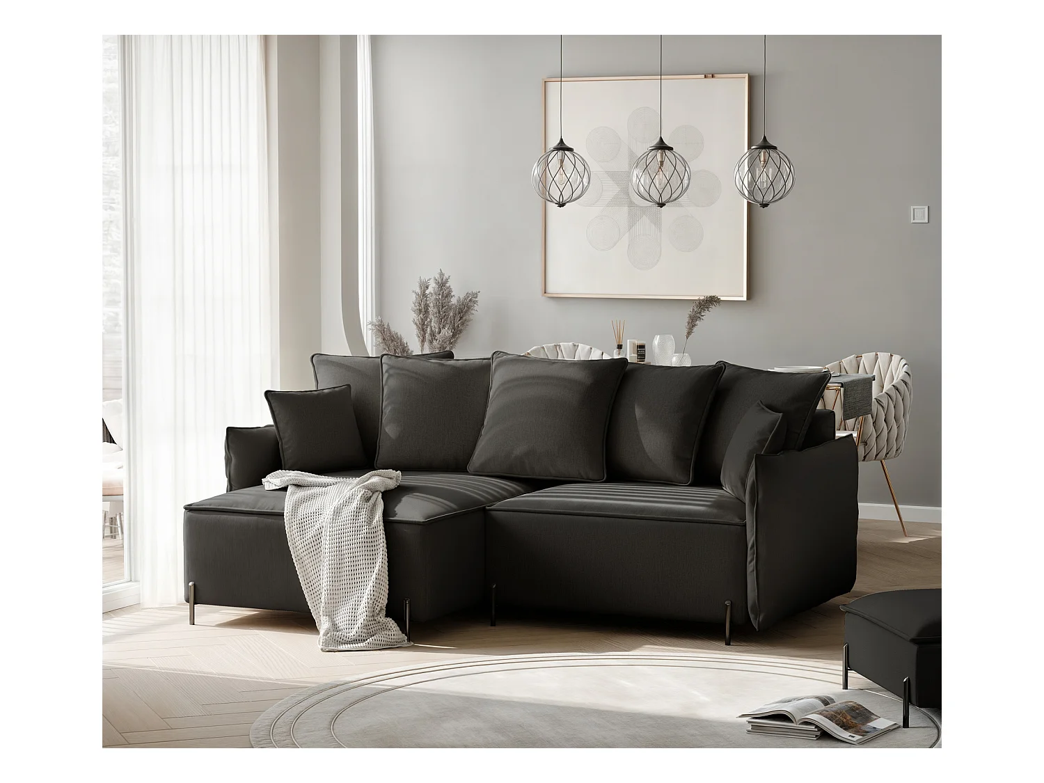 Canapé d'angle gauche convertible, noir