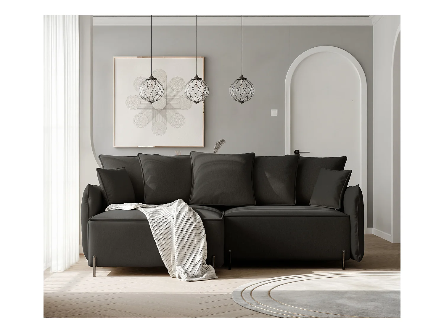 Canapé d'angle gauche convertible, noir