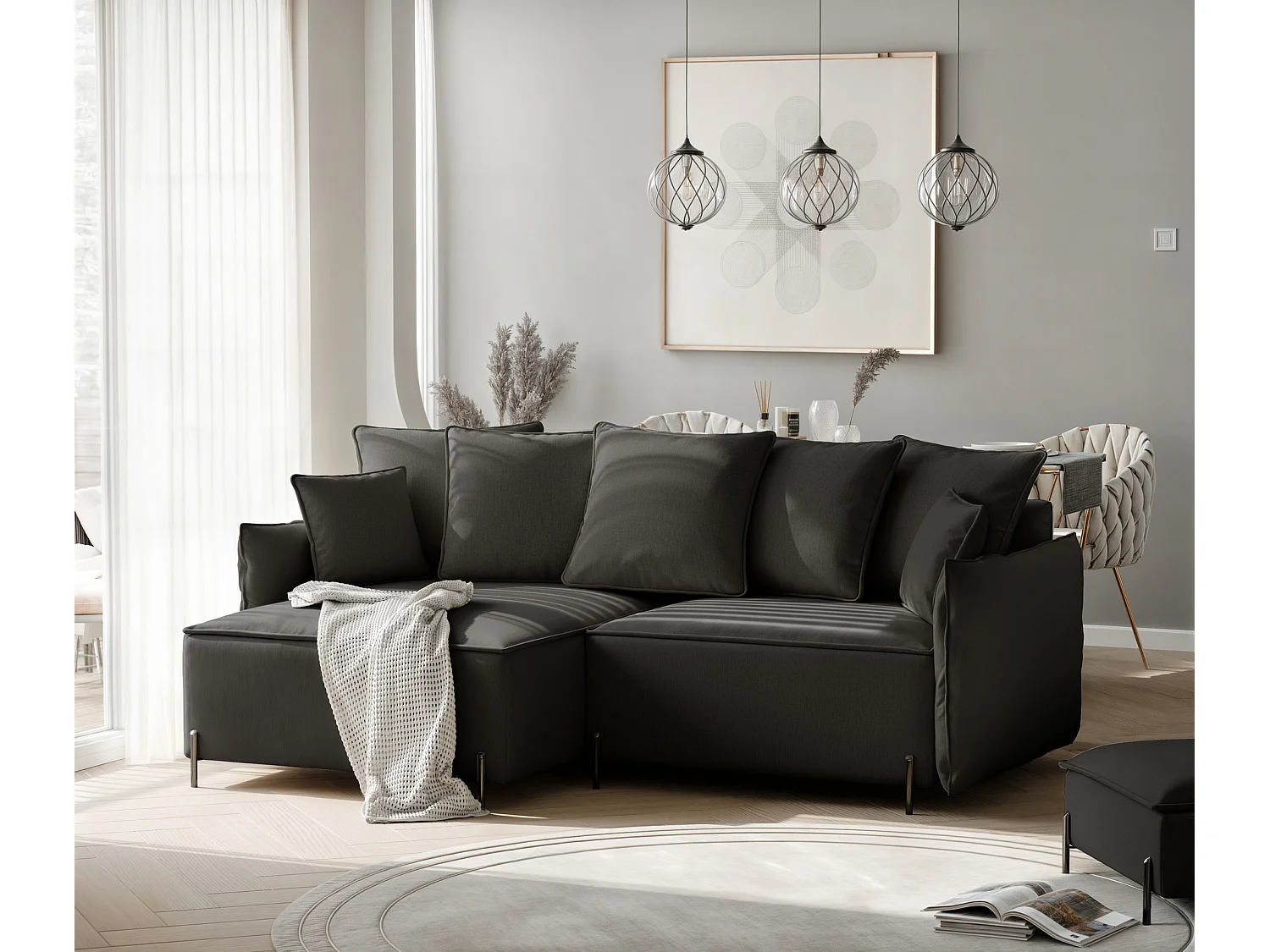 Canapé d'angle gauche convertible, noir