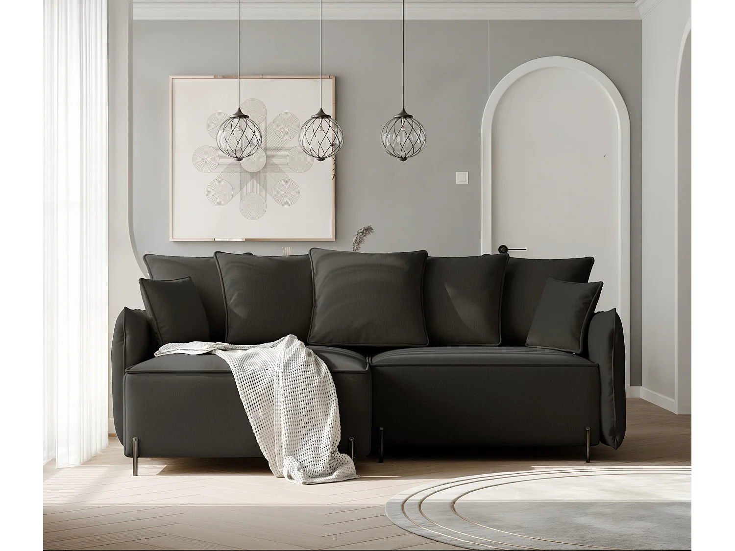 Canapé d'angle gauche convertible, noir