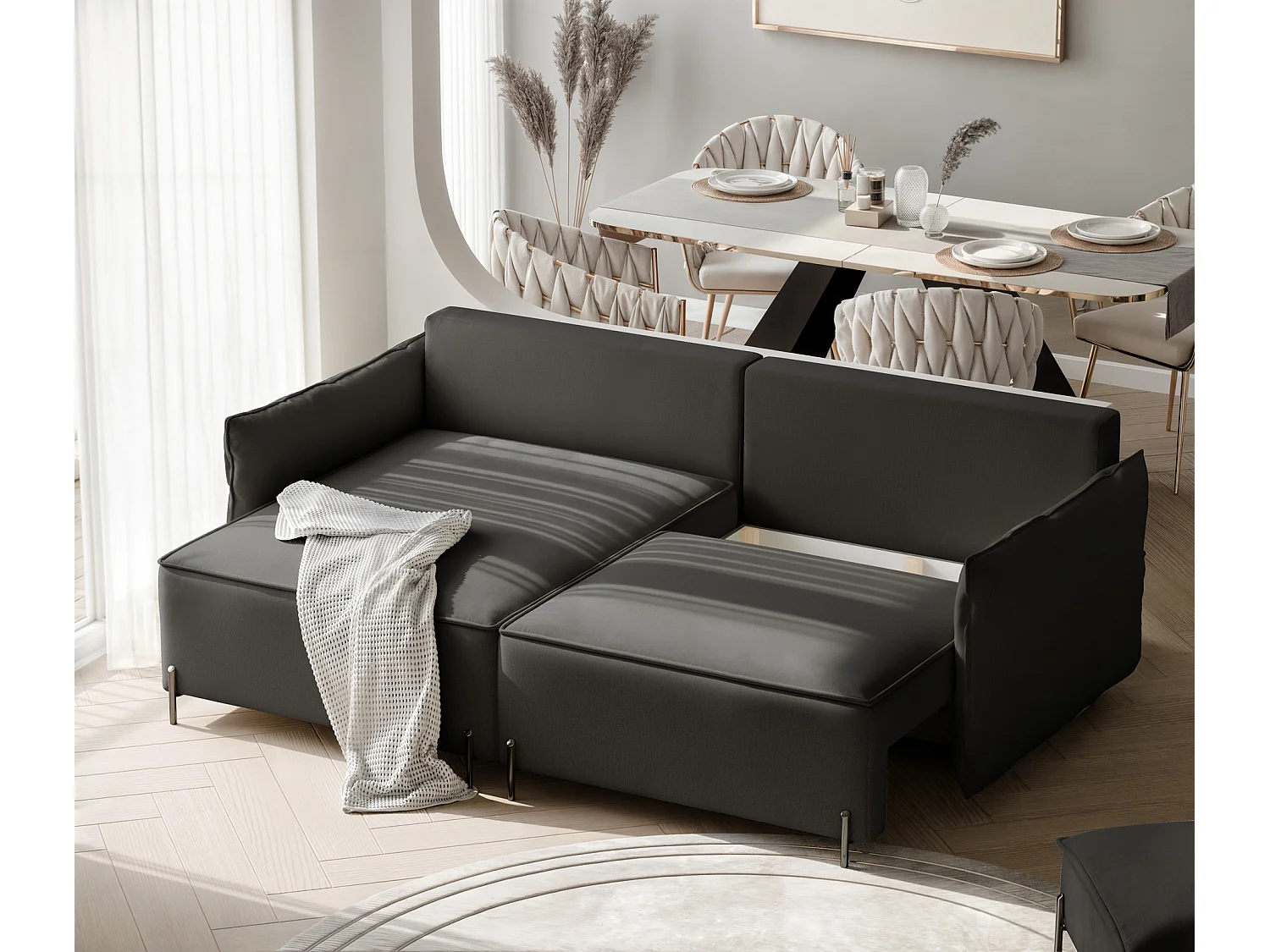 Canapé d'angle gauche convertible, noir