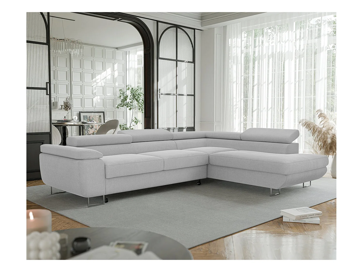 Canapé d'angle droit convertible en tissu gris clair