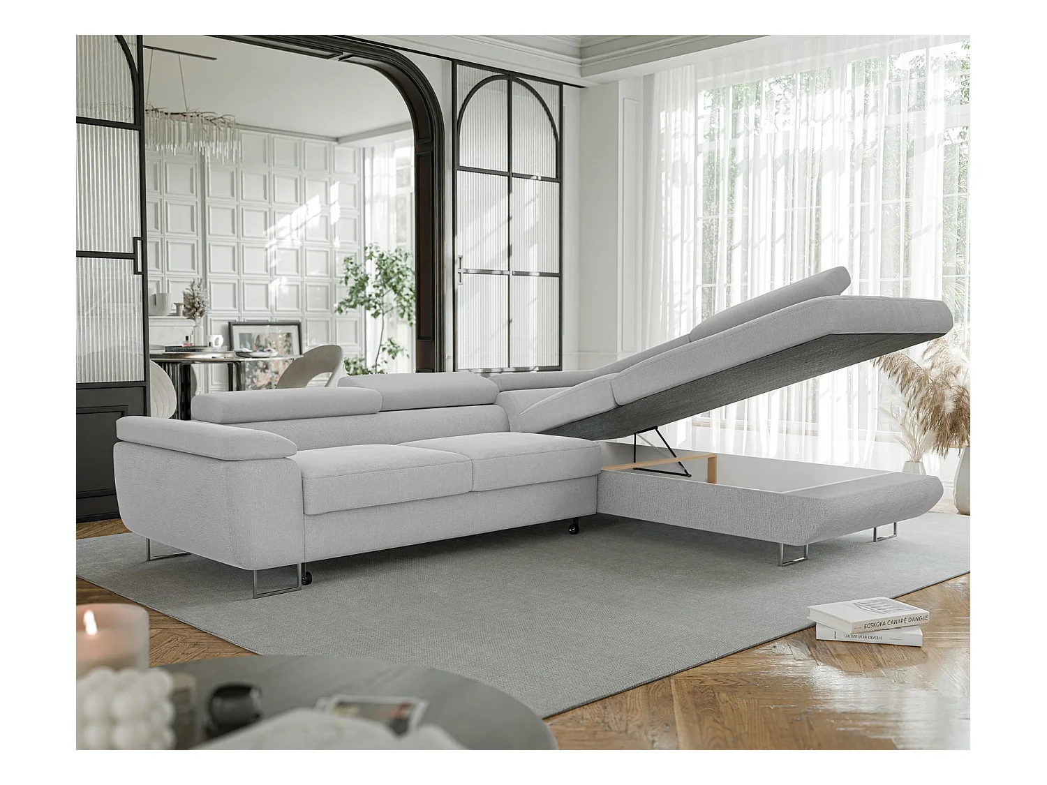 Canapé d'angle droit convertible en tissu gris clair