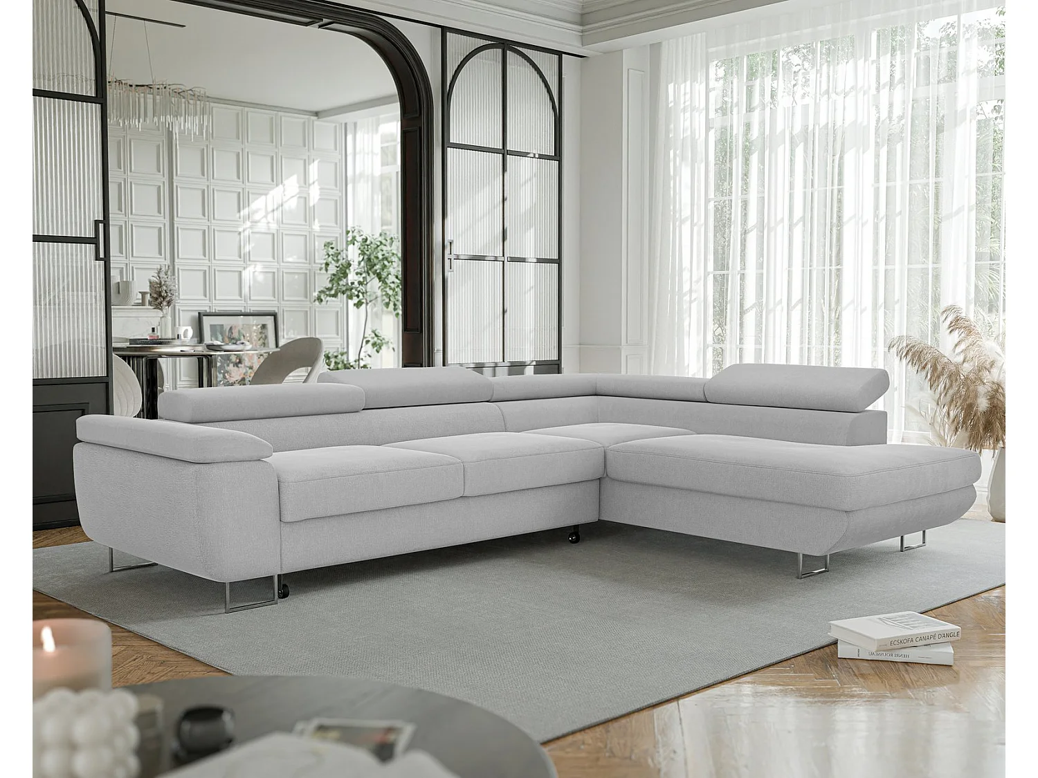 Canapé d'angle droit convertible en tissu gris clair