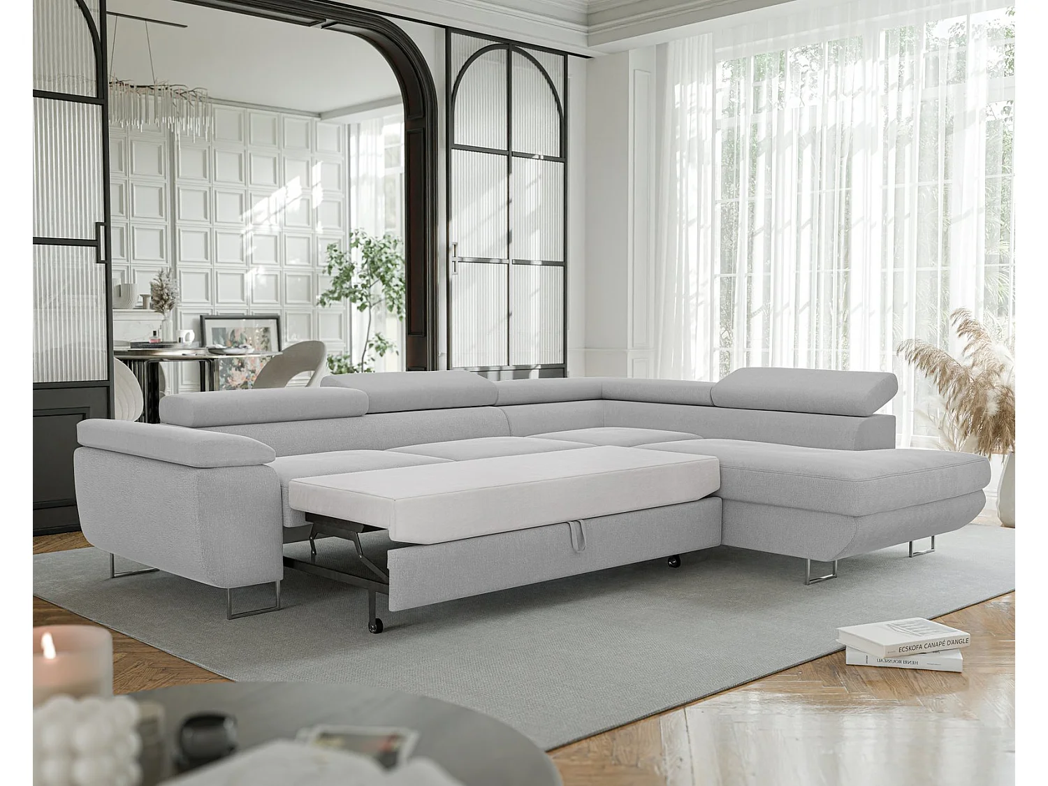 Canapé d'angle droit convertible en tissu gris clair