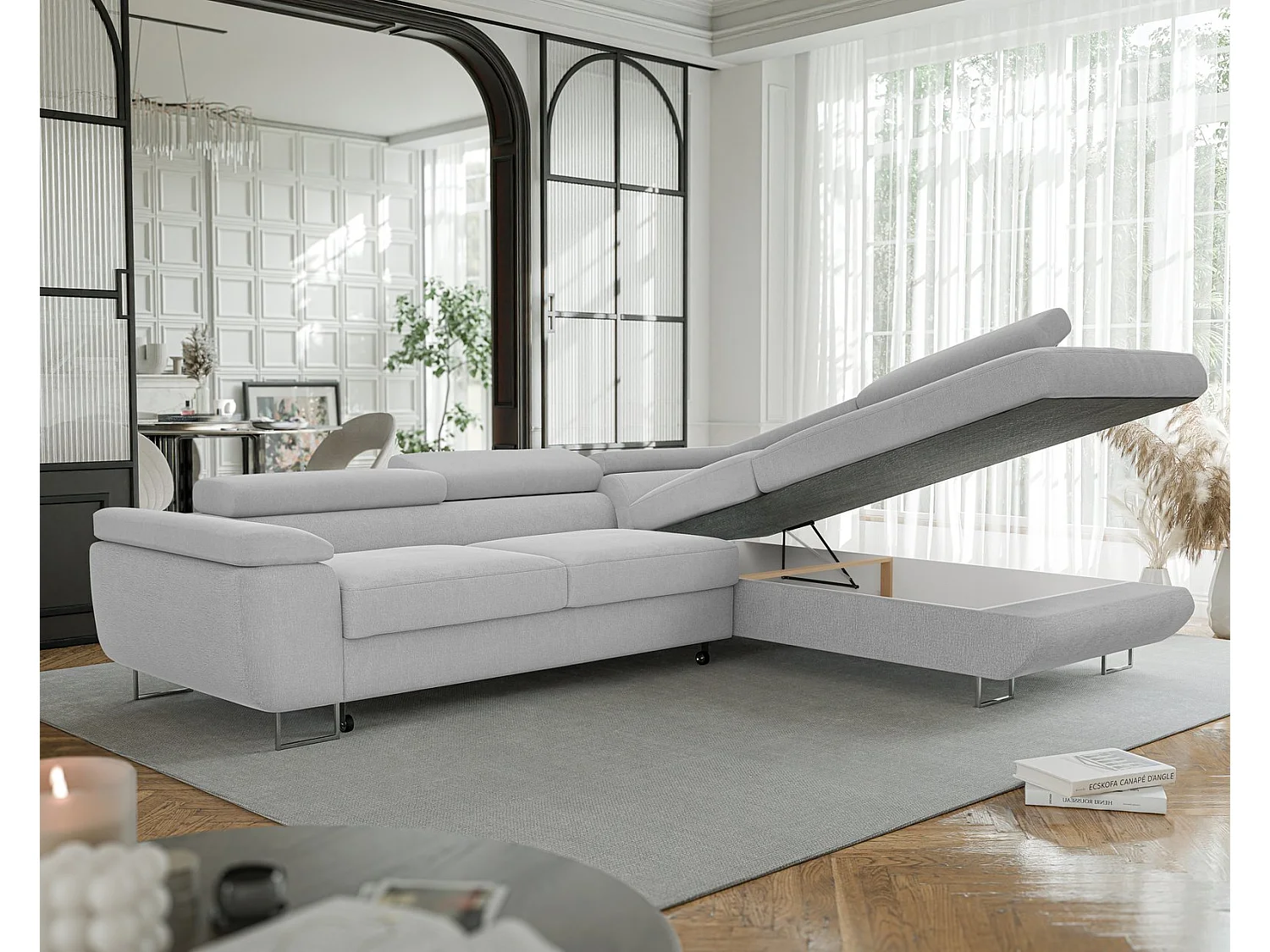 Canapé d'angle droit convertible en tissu gris clair