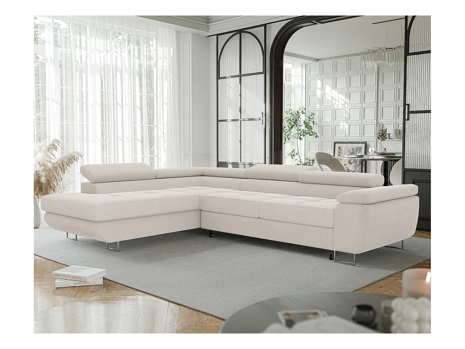 Canapé d'angle gauche convertible en tissu beige