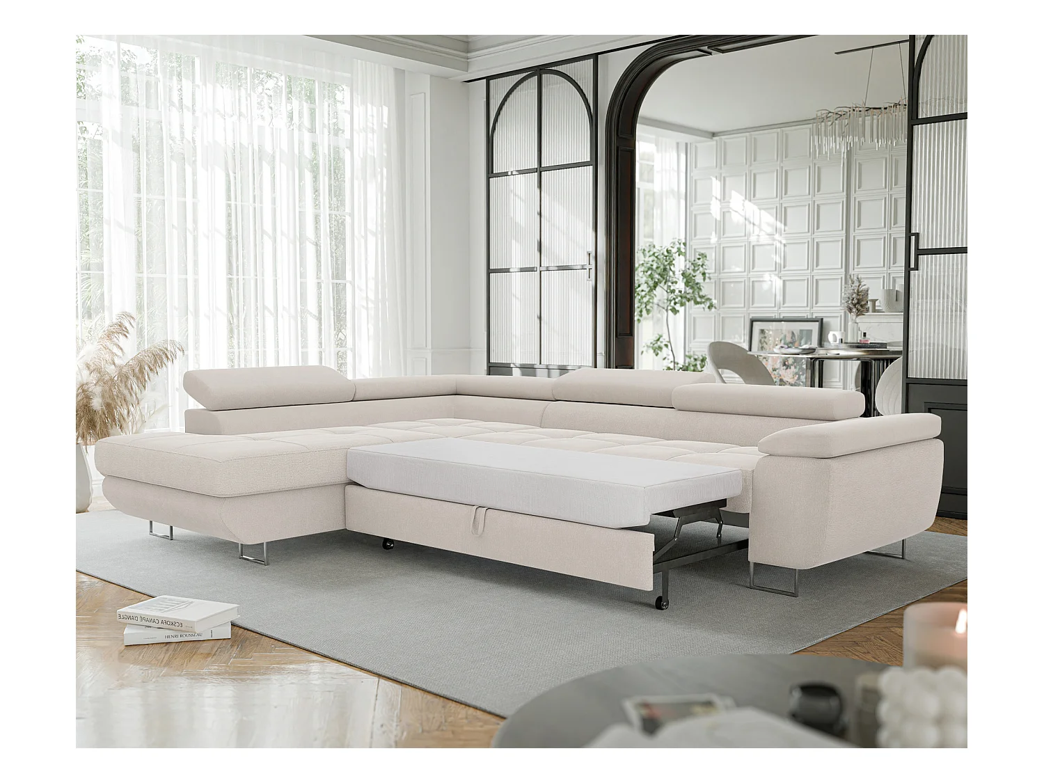 Canapé d'angle gauche convertible en tissu beige