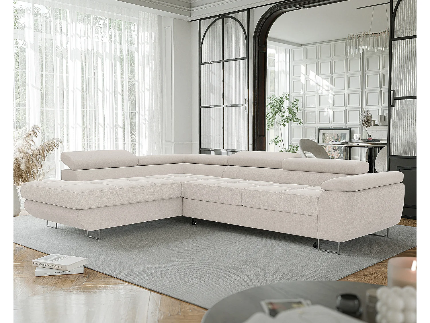 Canapé d'angle gauche convertible en tissu beige