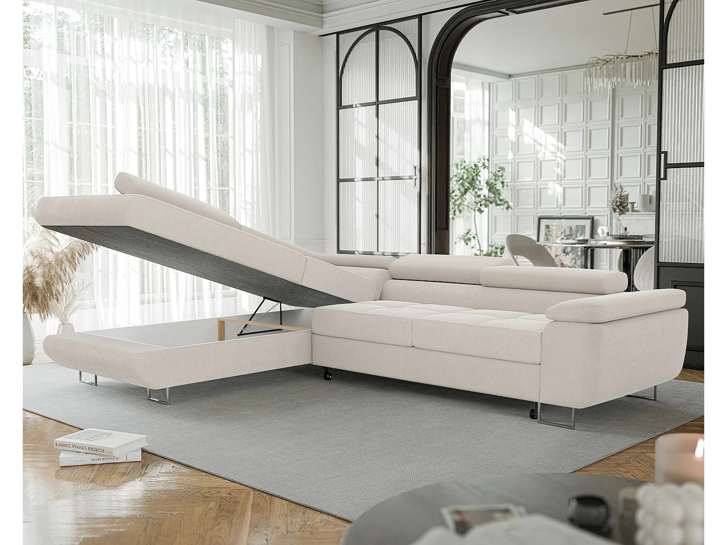 Canapé d'angle gauche convertible en tissu beige