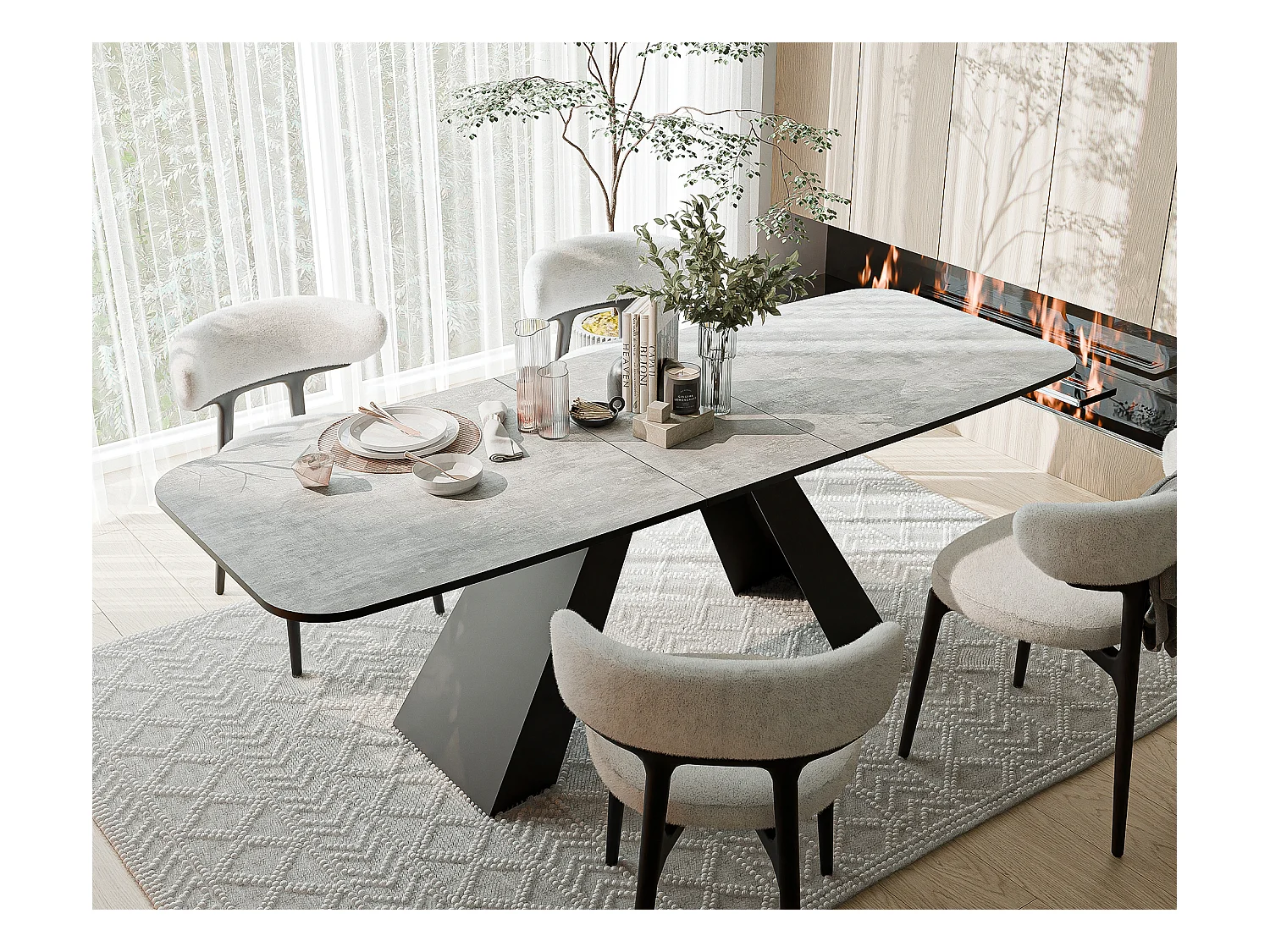 Table à manger extensible 160/198 en MDF, pieds en métal noir, bellato gris