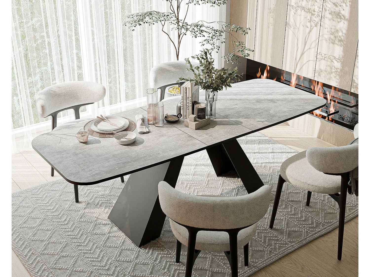 Table à manger extensible 160/198 en MDF, pieds en métal noir, bellato gris