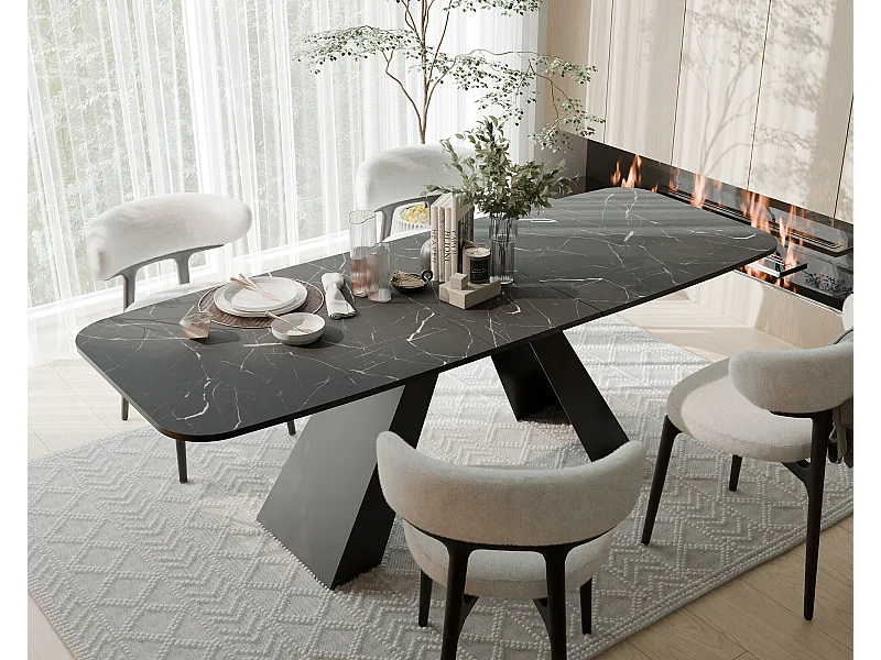 Table à manger extensible 160/198 en MDF, pieds en métal noir, grigia pietra