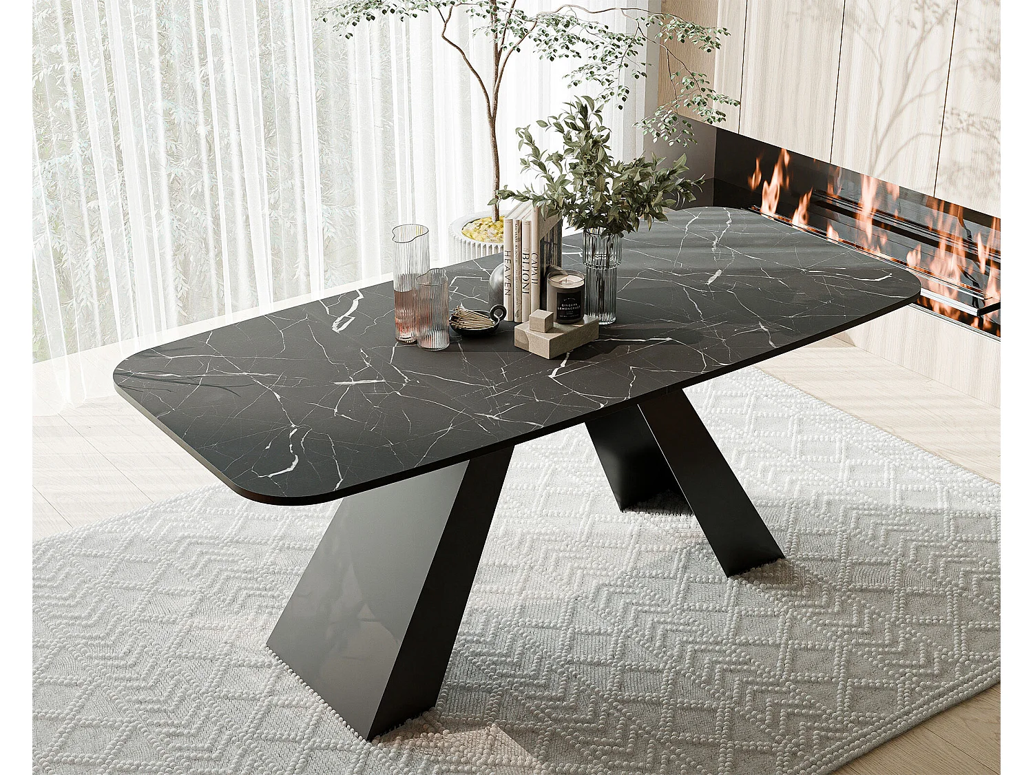 Table à manger extensible 160/198 en MDF, pieds en métal noir, grigia pietra