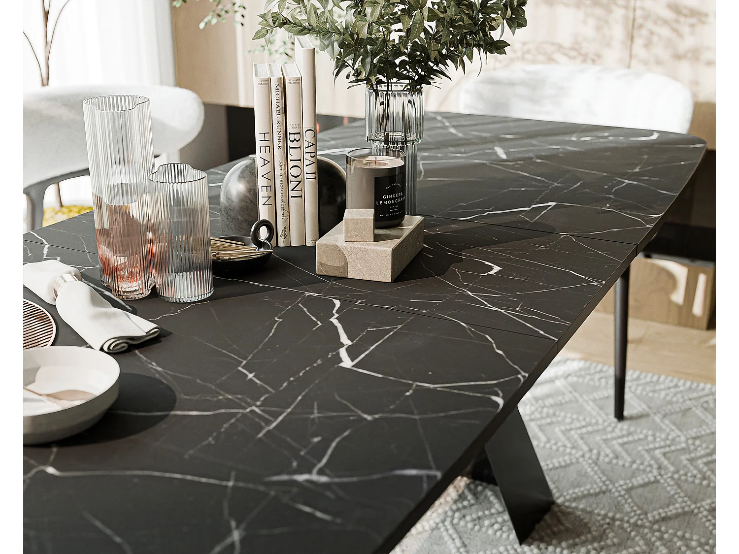 Table à manger extensible 160/198 en MDF, pieds en métal noir, grigia pietra