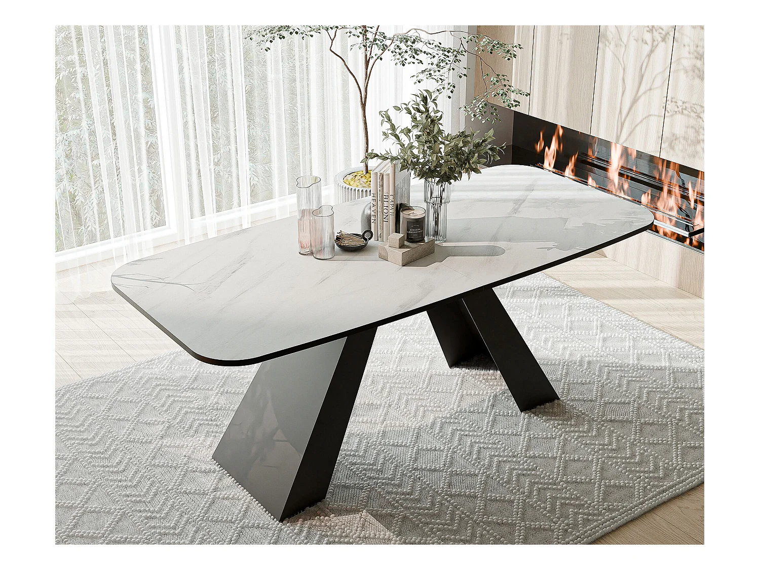 Table à manger extensible 160/198 en MDF, pieds en métal noir, marbre bianco